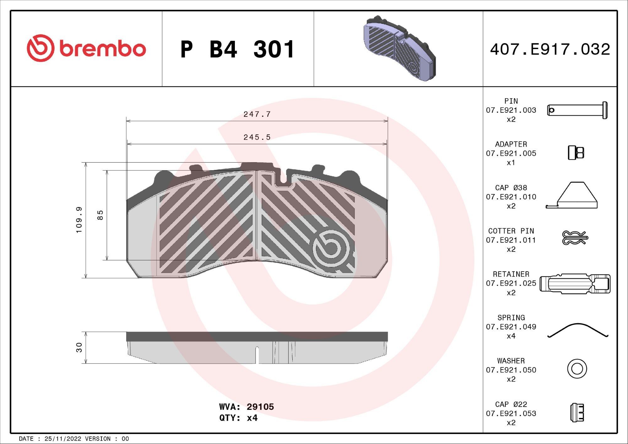 BREMBO PB4301 Komplet zavornih oblog, ploscne (kolutne) zavore A008 420 6020