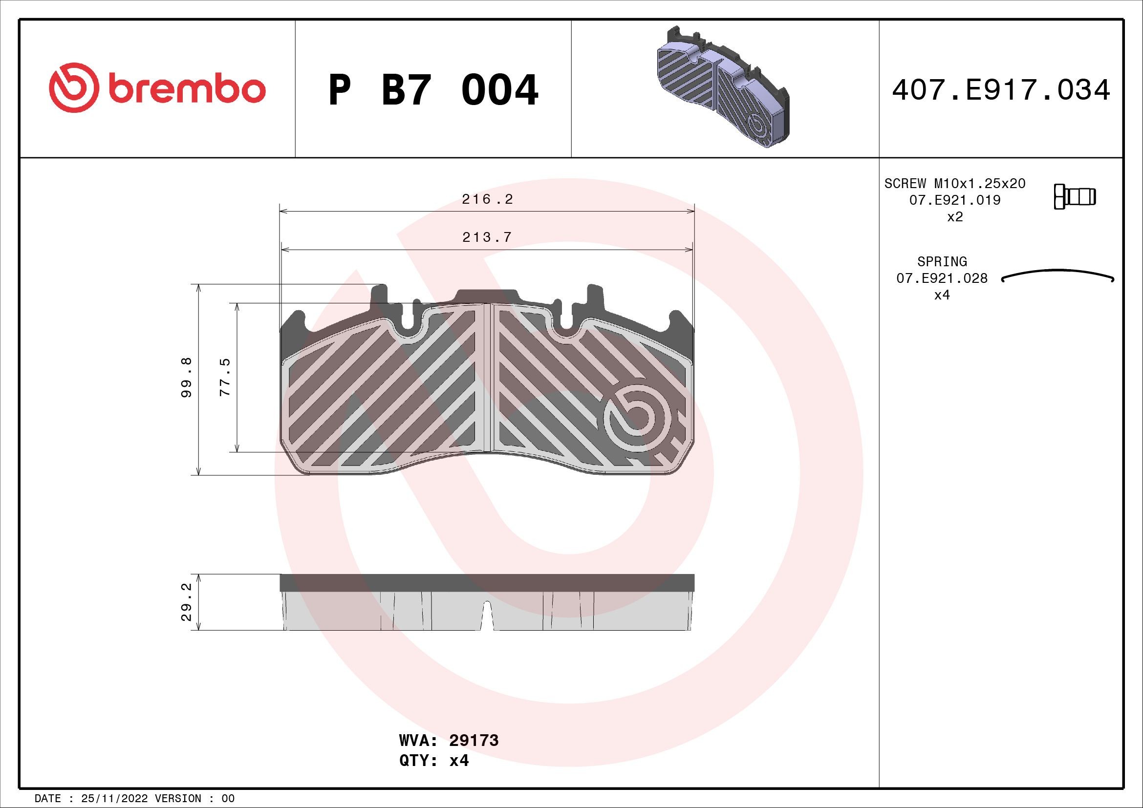 P B7 004 BREMBO Bremsbeläge RENAULT TRUCKS D-Serie