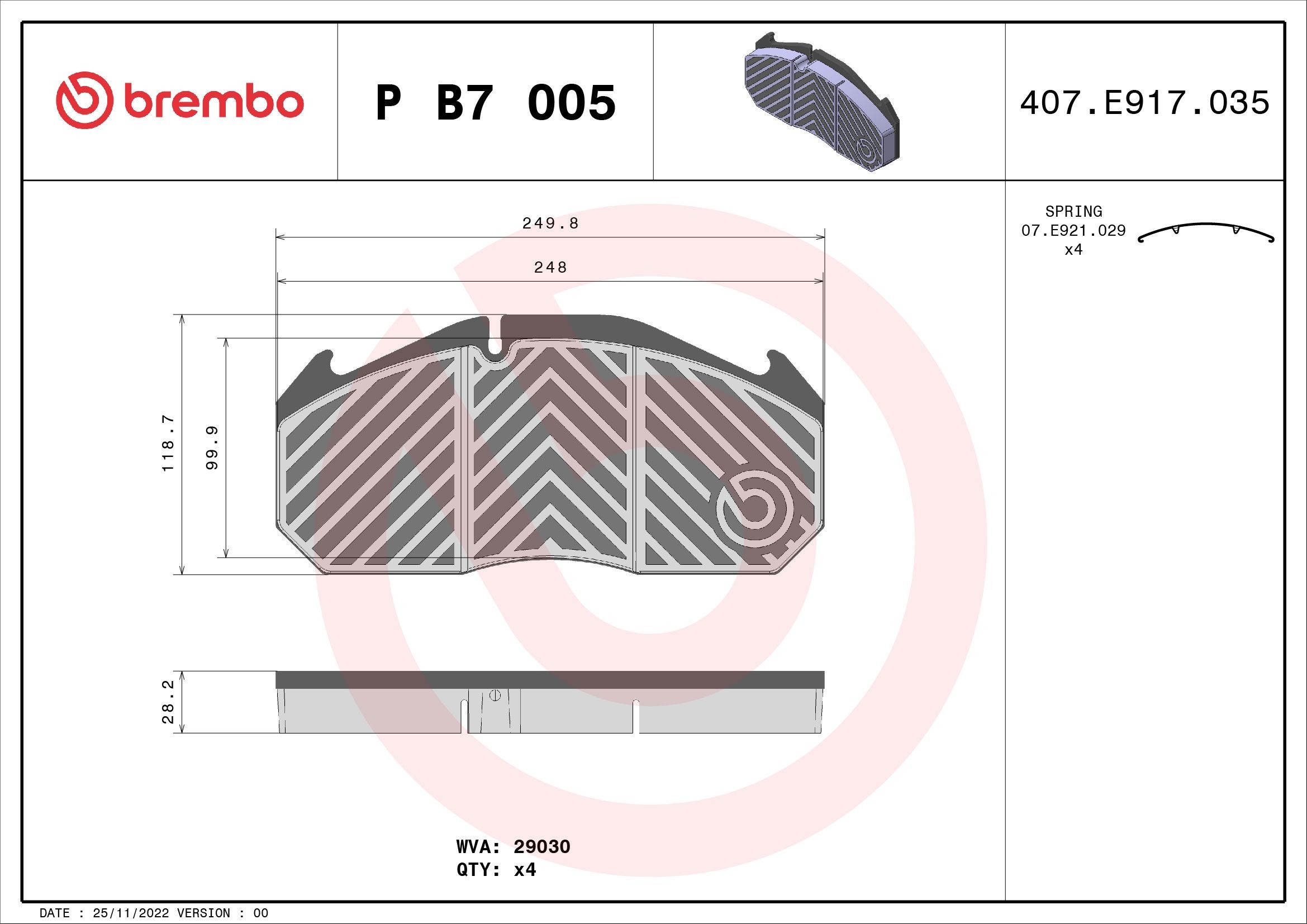 P B7 005 BREMBO Bremsbeläge RENAULT TRUCKS Premium