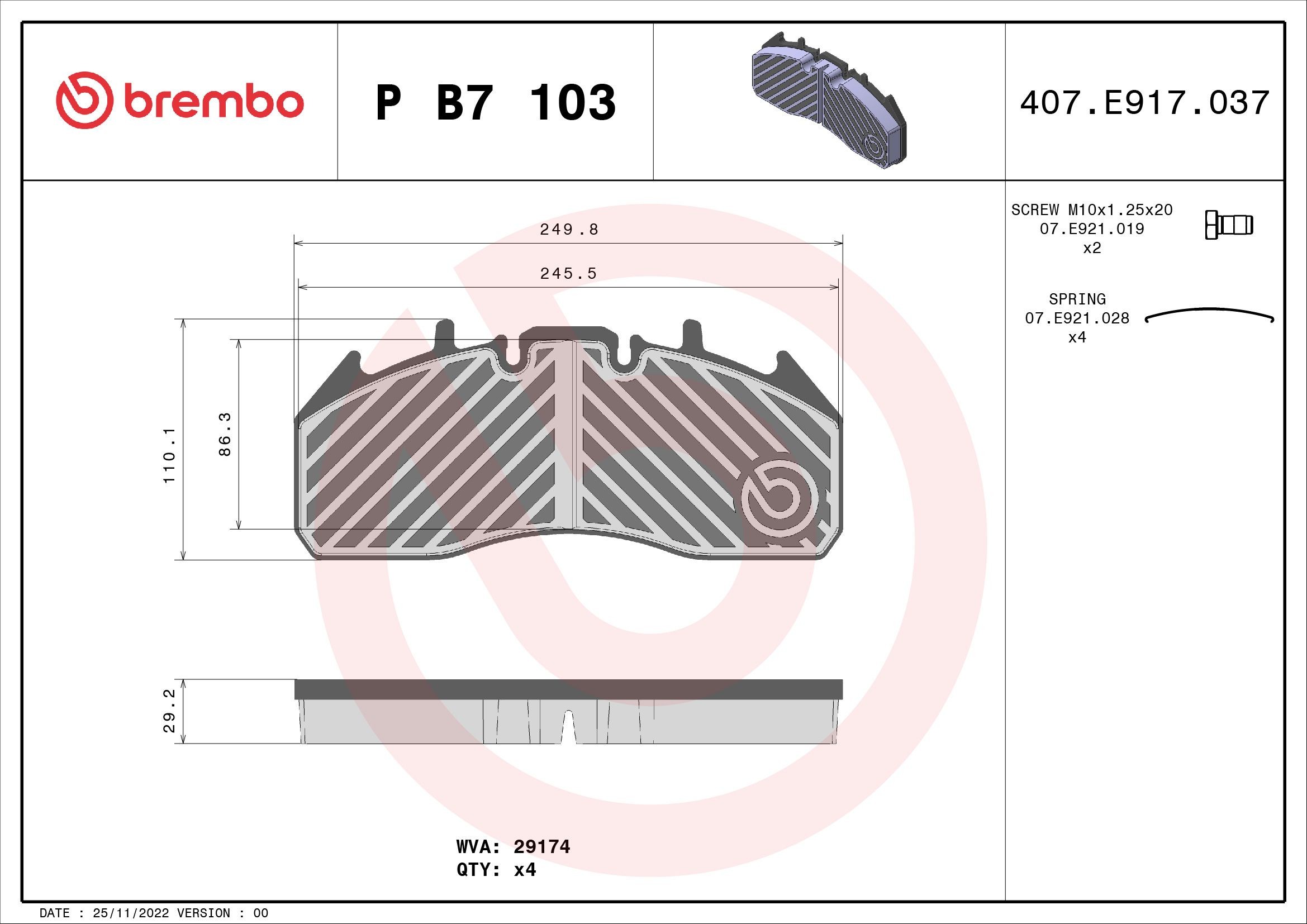 BREMBO prepared for wear indicator, with accessories Height: 110mm, Width: 250mm, Thickness: 29mm Brake pads P B7 103 buy