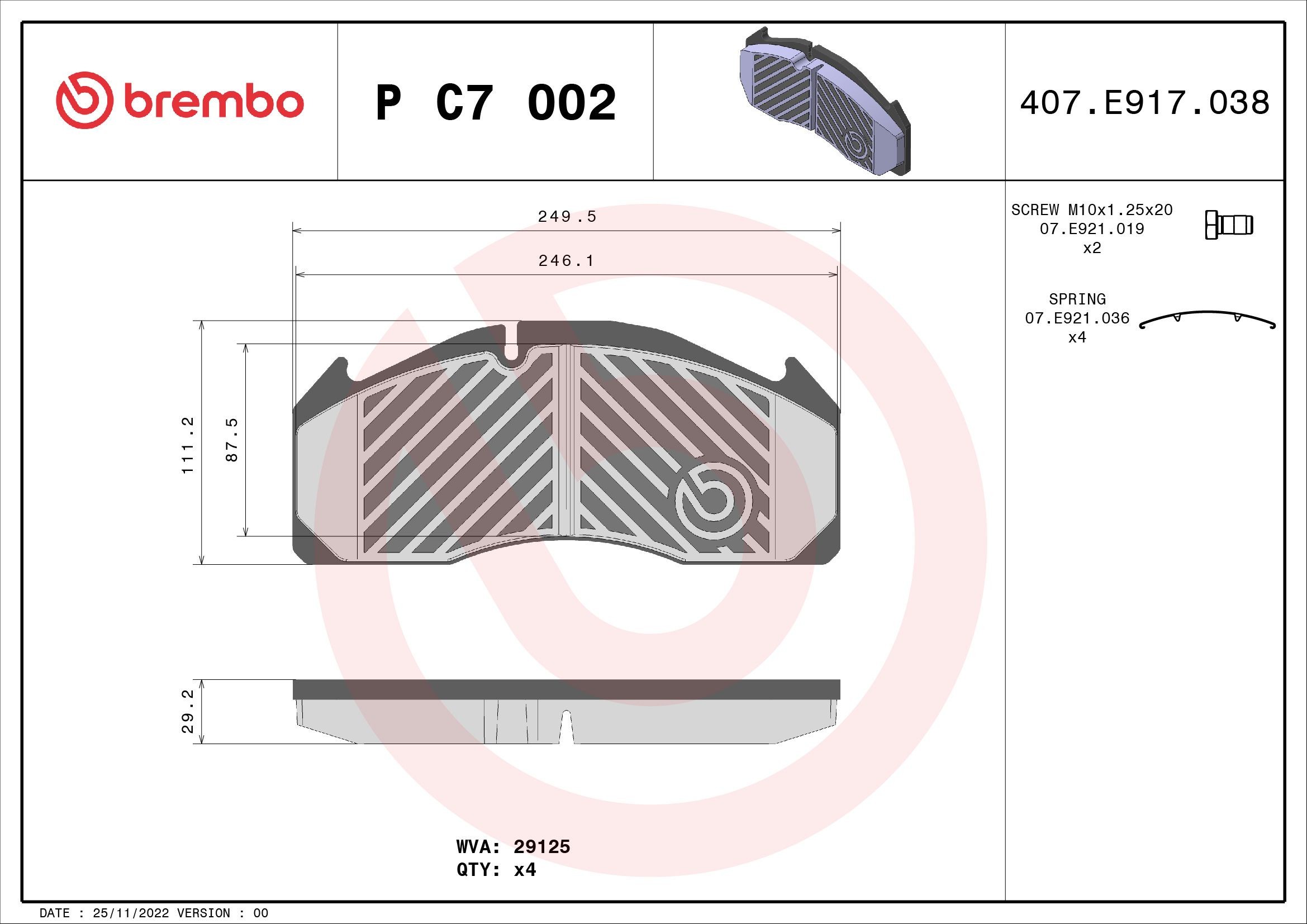 BREMBO prepared for wear indicator, with accessories Height: 111mm, Width: 250mm, Thickness: 29mm Brake pads P C7 002 buy