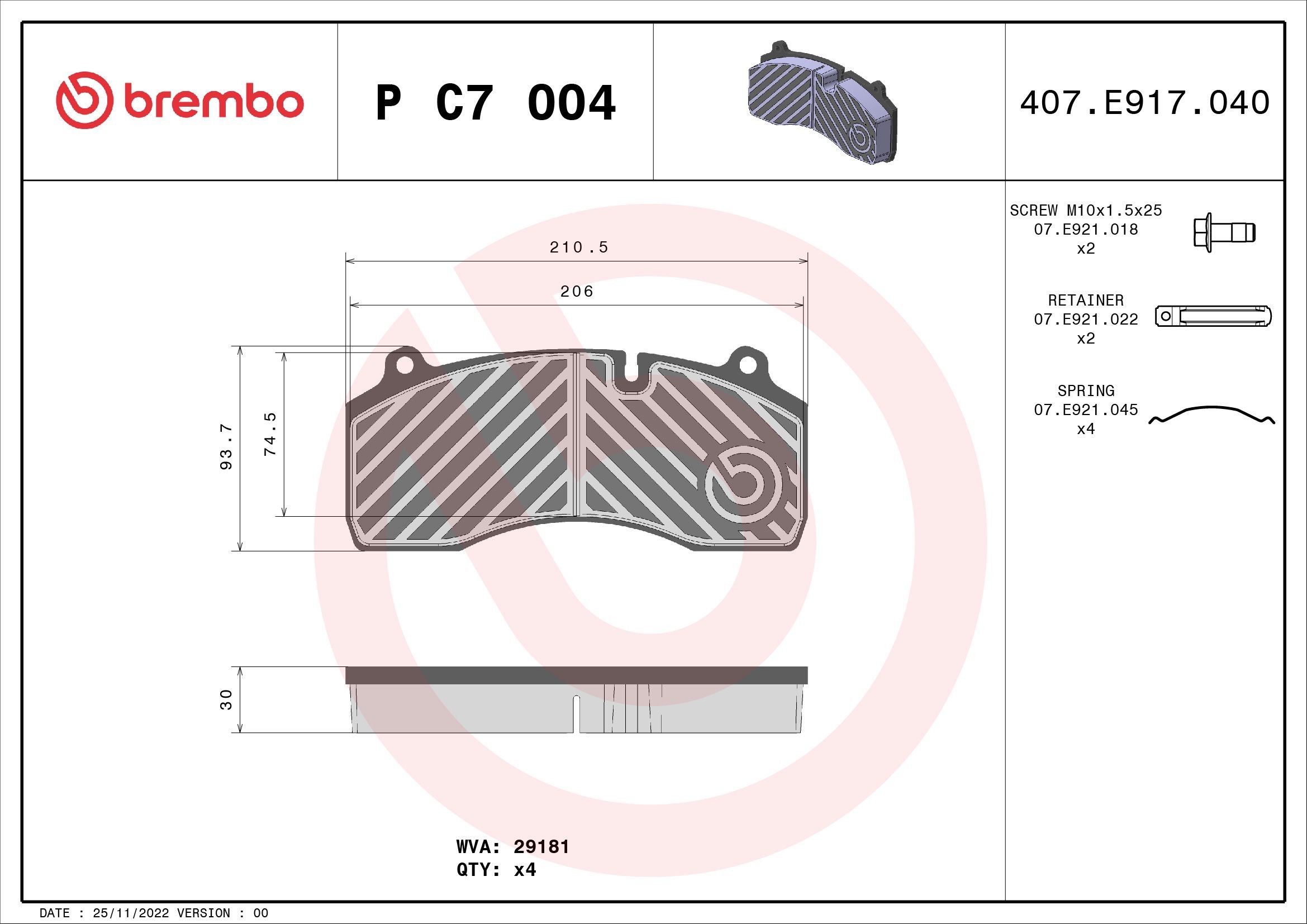 BREMBO für Verschleißwarnanzeiger vorbereitet, mit Zubehör Höhe: 94mm, Breite: 211mm, Dicke/Stärke: 30mm Bremsbeläge P C7 004 kaufen