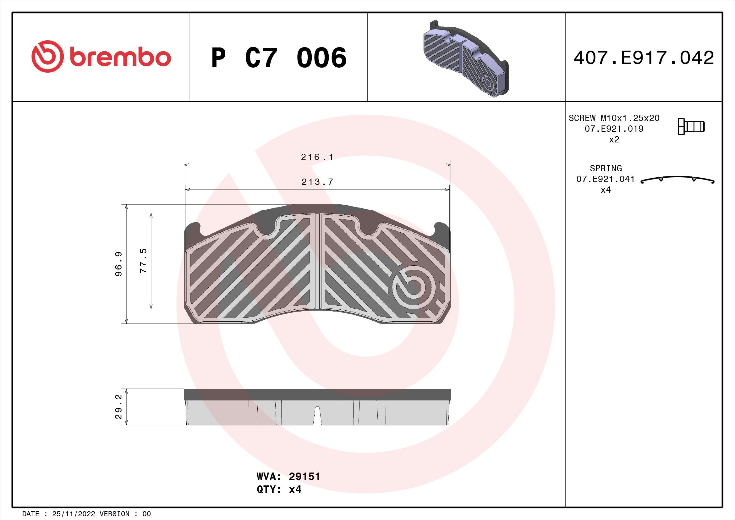 BREMBO excl. wear warning contact, with accessories Height: 97mm, Width: 216mm, Thickness: 29mm Brake pads P C7 006 buy