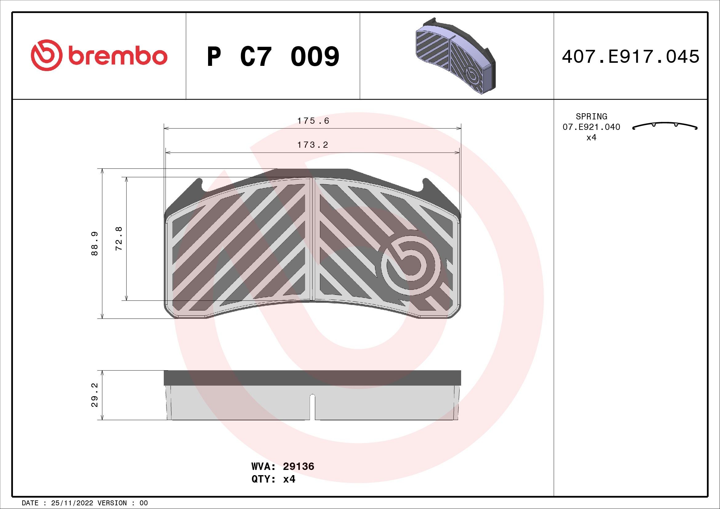 BREMBO excl. wear warning contact, with accessories Height: 89mm, Width: 176mm, Thickness: 29mm Brake pads P C7 009 buy