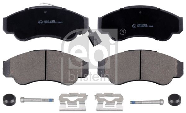 FEBI BILSTEIN 16663 Brake pad set Front Axle, incl. wear warning contact, with anti-squeak plate, with brake caliper screws, with fastening material