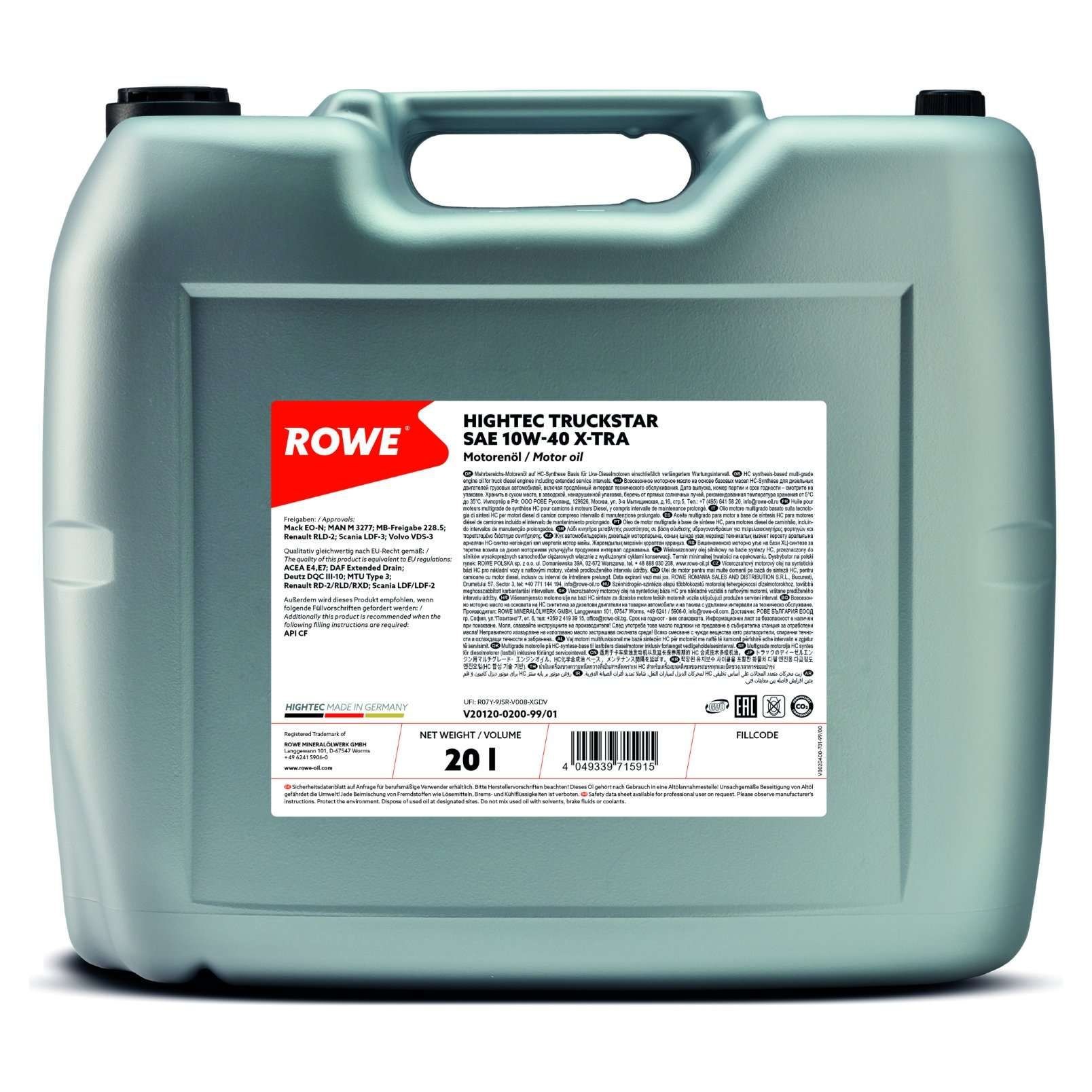 Engine oil ROWE 10W-40, 20l, HC synth. oil (hydro-cracked) longlife 20120-0200-99
