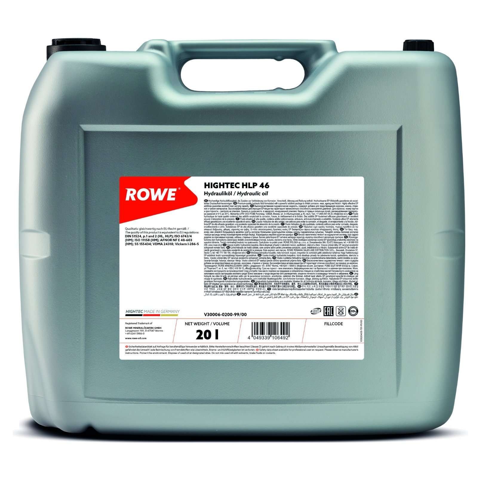 ROWE Capacity: 20l DIN 51524, ISO 6743/4 (HM), ISO 11158 (HM) Hydraulic fluid 30006-0200-99 buy
