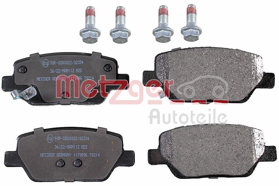 METZGER 1170996 Brake pad set Rear Axle, with acoustic wear warning, with anti-squeak plate, with brake caliper screws