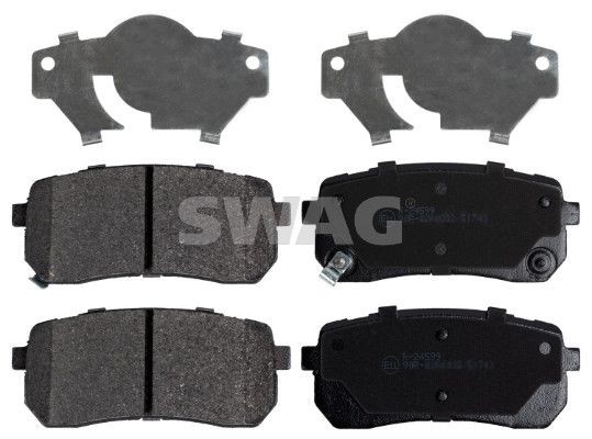 SWAG 33 10 7497 Brake pad set Rear Axle, with acoustic wear warning, with anti-squeak plate, with retaining spring holder