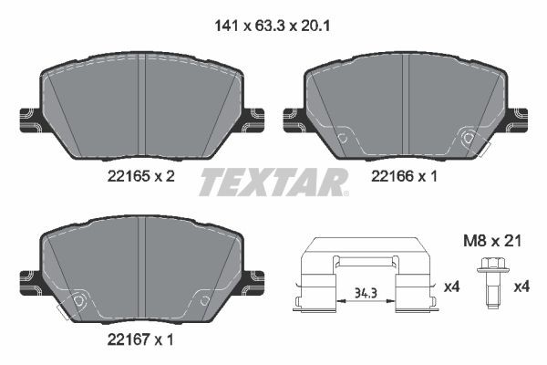 22165 TEXTAR with acoustic wear warning, with brake caliper screws, with accessories Height: 63,3mm, Width: 141mm, Thickness: 20,1mm Brake pads 2216503 buy