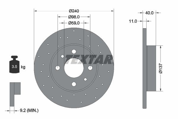 98200 3160 0 1 PRO TEXTAR 240x11mm, 04/06x98, Perforated, solid, Coated Ø: 240mm, Brake Disc Thickness: 11mm Brake rotor 92316003 buy