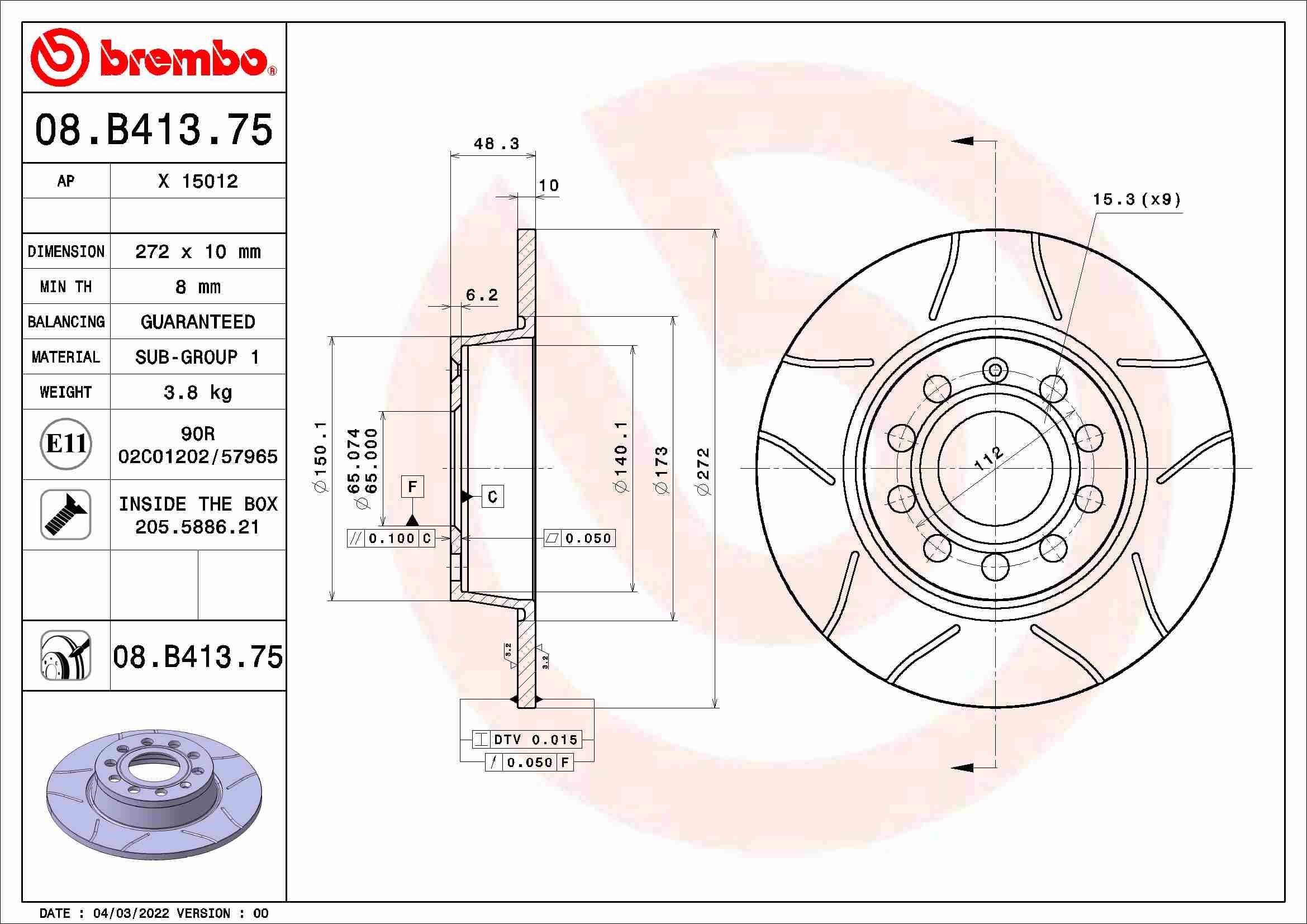BREMBO 08.B413.75 Brake disc 5QM615601C