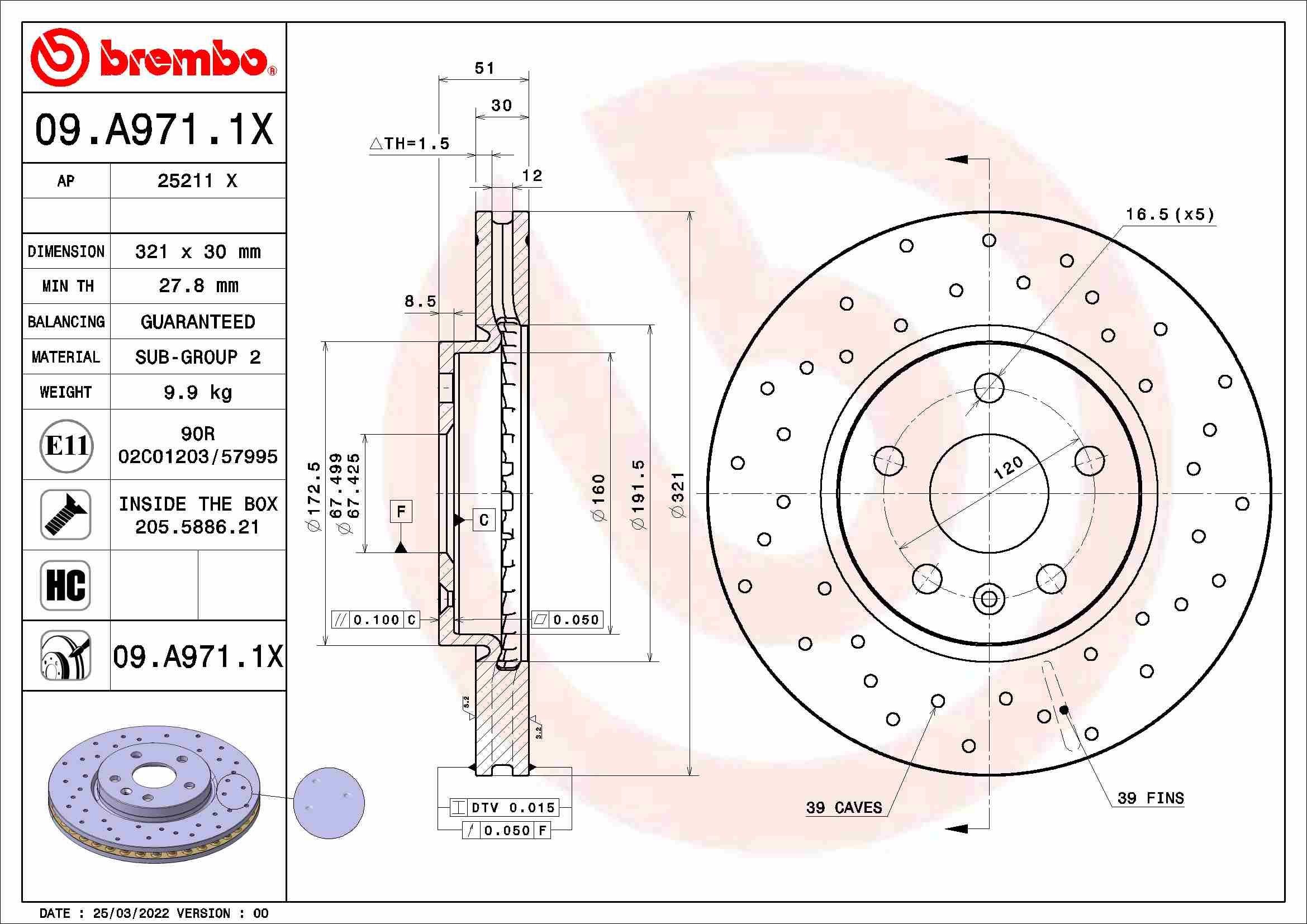 Original 09.A971.1X BREMBO Brake disc kit SAAB