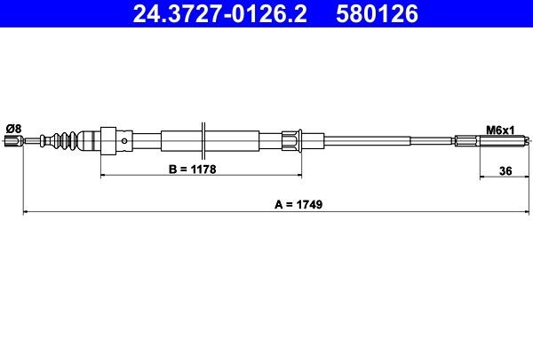 ATE 24.3727-0126.2 Hand brake cable 1749mm