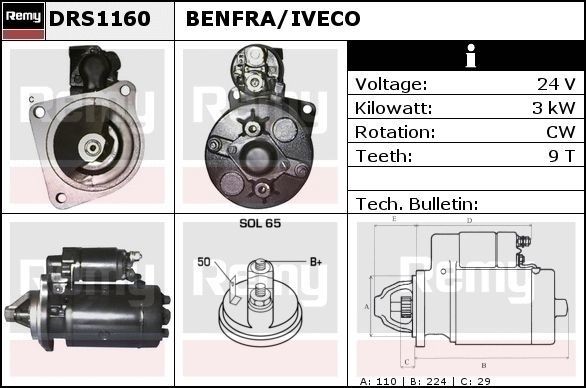 DELCO REMY DRS1160 Starter motor 24V, 3kW, Number of Teeth: 9, SOL65, Ø 110 mm, Remy Remanufactured