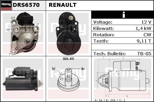 DELCO REMY DRS6570 Starter motor 12V, 1,4kW, Number of Teeth: 9, 11, SOL65, Ø 66 mm, Remy Remanufactured