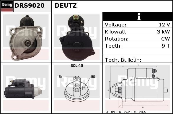 DELCO REMY DRS9020 Starter motor 12V, 3kW, Number of Teeth: 9, SOL45, Ø 89 mm, Remy Remanufactured