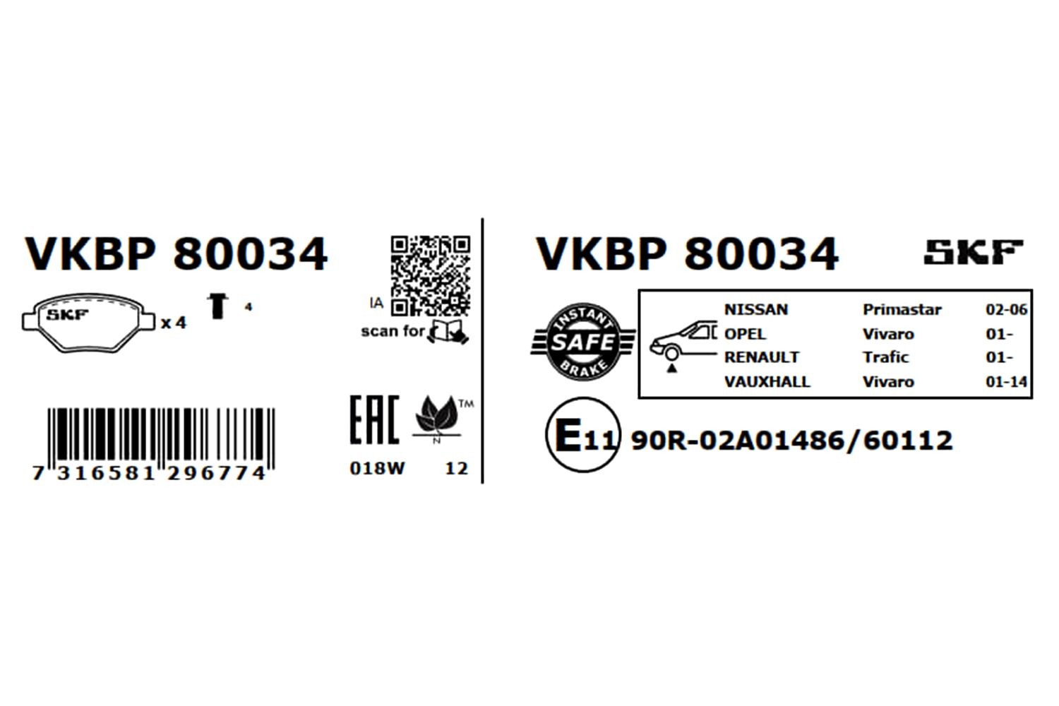 VKBP80034 Set of brake pads 23099 SKF not prepared for wear indicator
