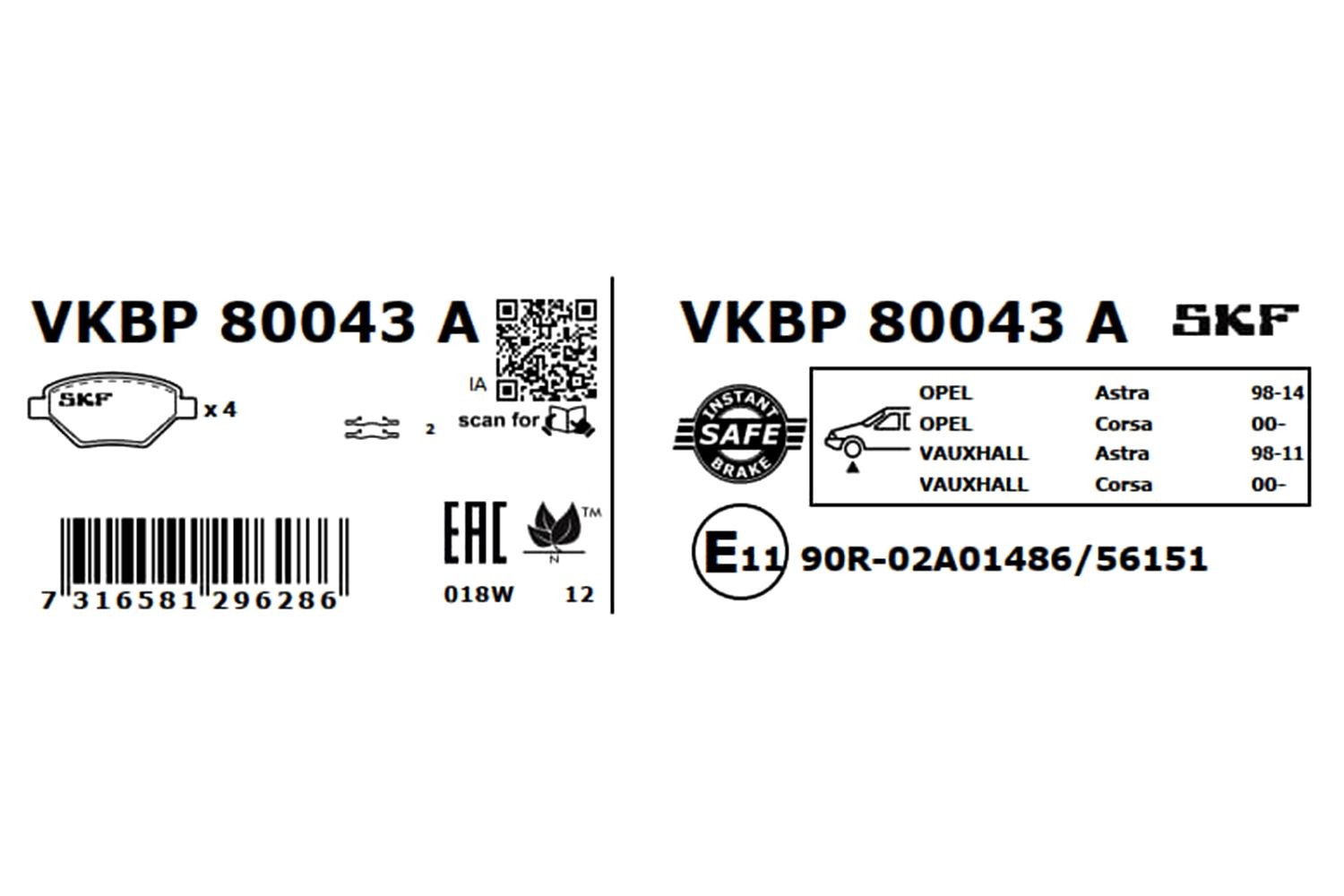 VKBP80043A Set of brake pads VKBP 80043 A SKF with acoustic wear warning, with accessories