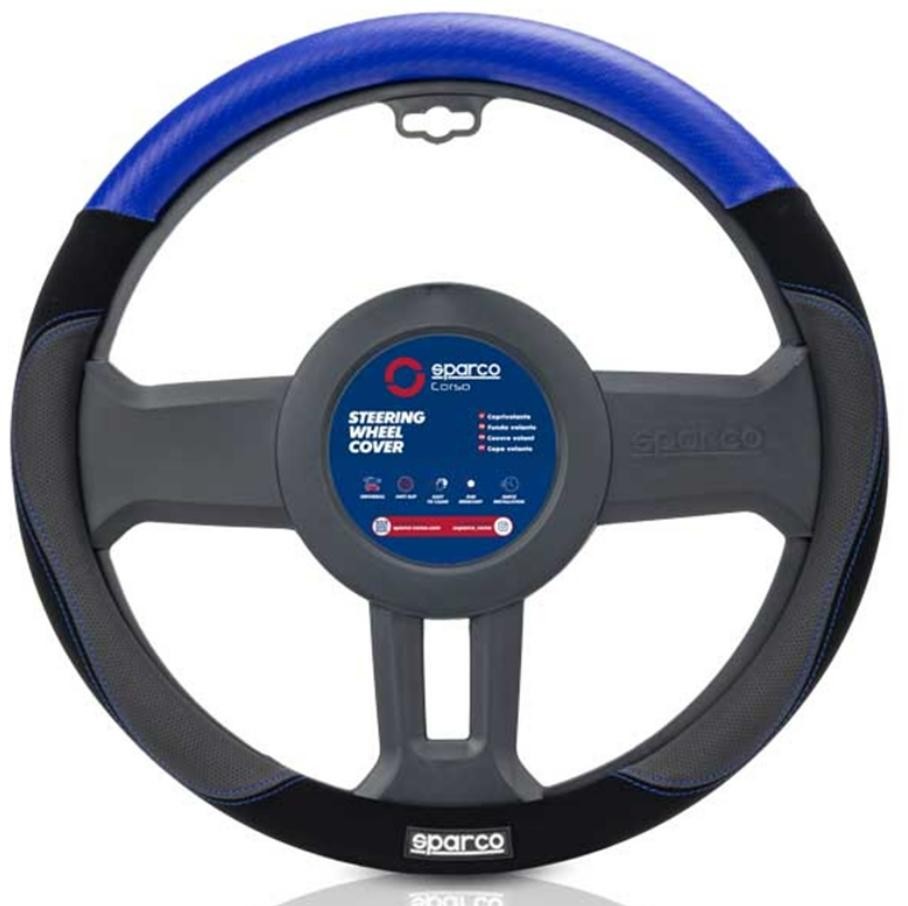 SPARCO SPCS122AZ Car steering wheel cover BMW 5 Saloon (E39) black, blue, Ø: 37-38cm, PVC, Leather, elastic