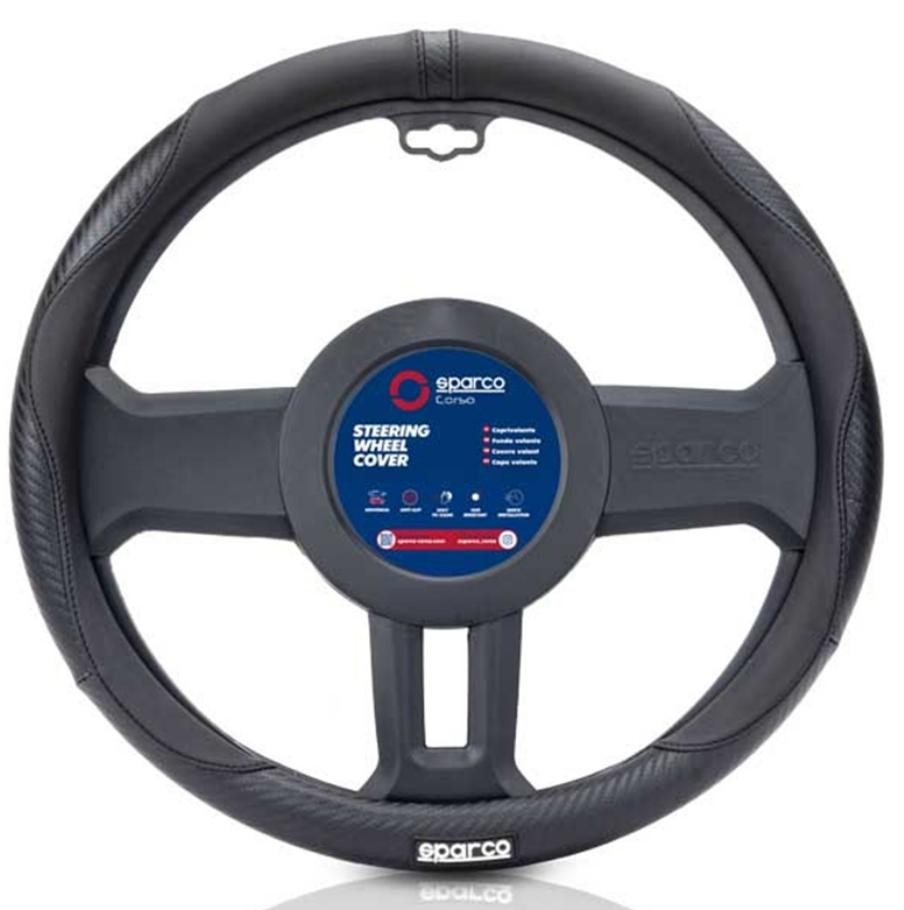 SPARCO SPCS128BK Car steering wheel cover BMW 5 Saloon (E39) black, Ø: 37-38cm, PVC, Rubber, elastic