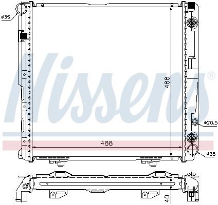 62763A Radiator 62763A NISSENS Aluminium, 488 x 488 x 40 mm, with oil cooler, with gaskets/seals, without expansion tank, without frame, Brazed cooling fins