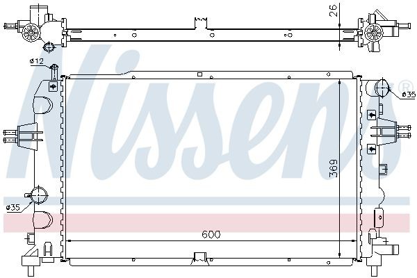 63111A Radiator 63111A NISSENS Aluminium, 598 x 360 x 34 mm, with gaskets/seals, without expansion tank, without frame, Mechanically jointed cooling fins
