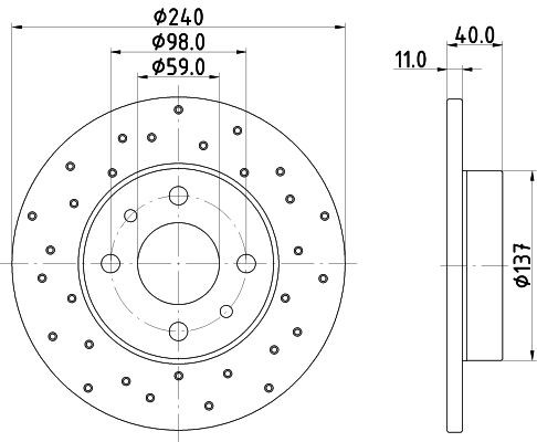 56160PRO HELLA 240x11mm, 04/06x98, Perforated, solid, Coated Ø: 240mm, Brake Disc Thickness: 11mm Brake rotor 8DD 355 134-891 buy