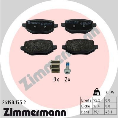 26198.175.2 ZIMMERMANN Brake pad set PEUGEOT not prepared for wear indicator, with bolts/screws, Photo corresponds to scope of supply, with sliding plate