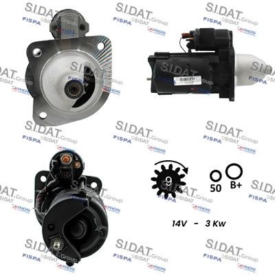 SIDAT S12BH0736 Starter motor 12V, 3kW, Number of Teeth: 9, B+ M10, Ø 89 mm