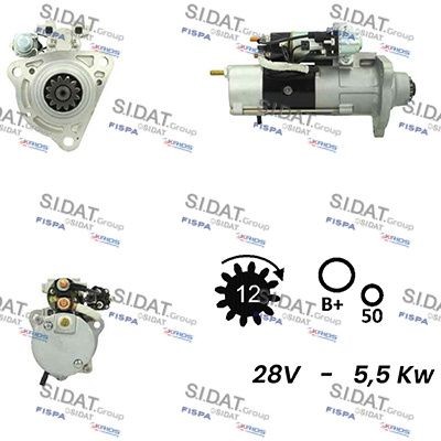 SIDAT S24MH0026 Starter motor 24V, 5,5kW, Number of Teeth: 12, B+ M10, Ø 92 mm