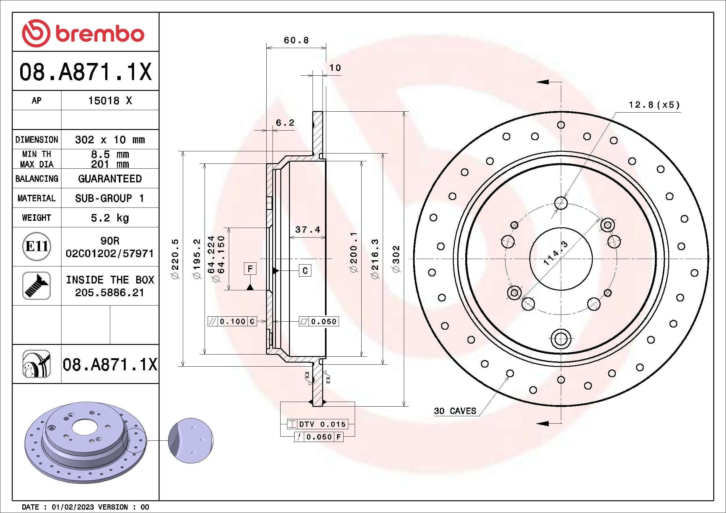 BREMBO 302x10mm, 5, solid, Perforated, Coated Ø: 302mm, Num. of holes: 5, Brake Disc Thickness: 10mm Brake rotor 08.A871.1X buy