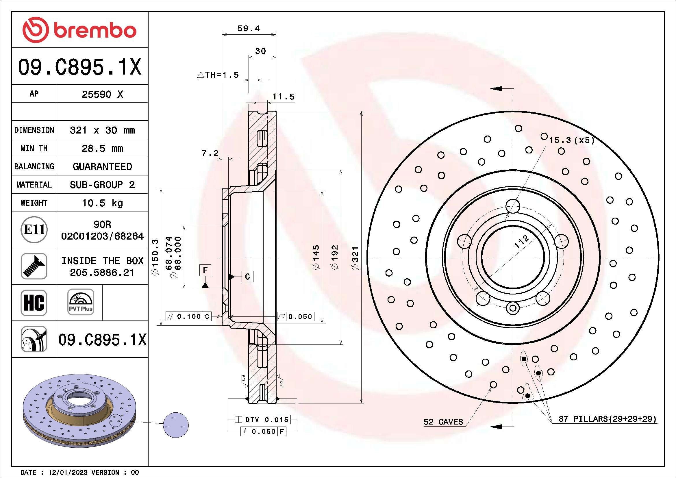 BREMBO 321x30mm, 5, perforated/vented, Coated, High-carbon Ø: 321mm, Num. of holes: 5, Brake Disc Thickness: 30mm Brake rotor 09.C895.1X buy