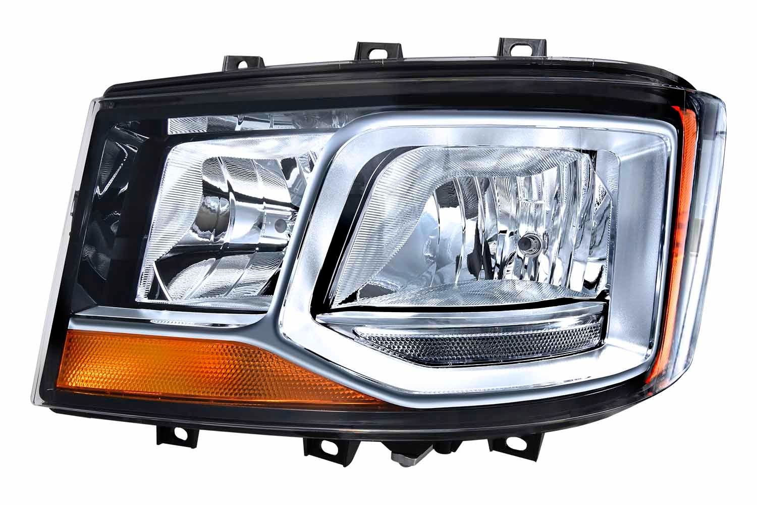 HELLA 1EH 011 804-051 Headlight Left, H7, Halogen, 24V, with low beam, with side marker light, with daytime running light (LED), with indicator, with high beam, with position light (LED), for right-hand traffic, with bulbs