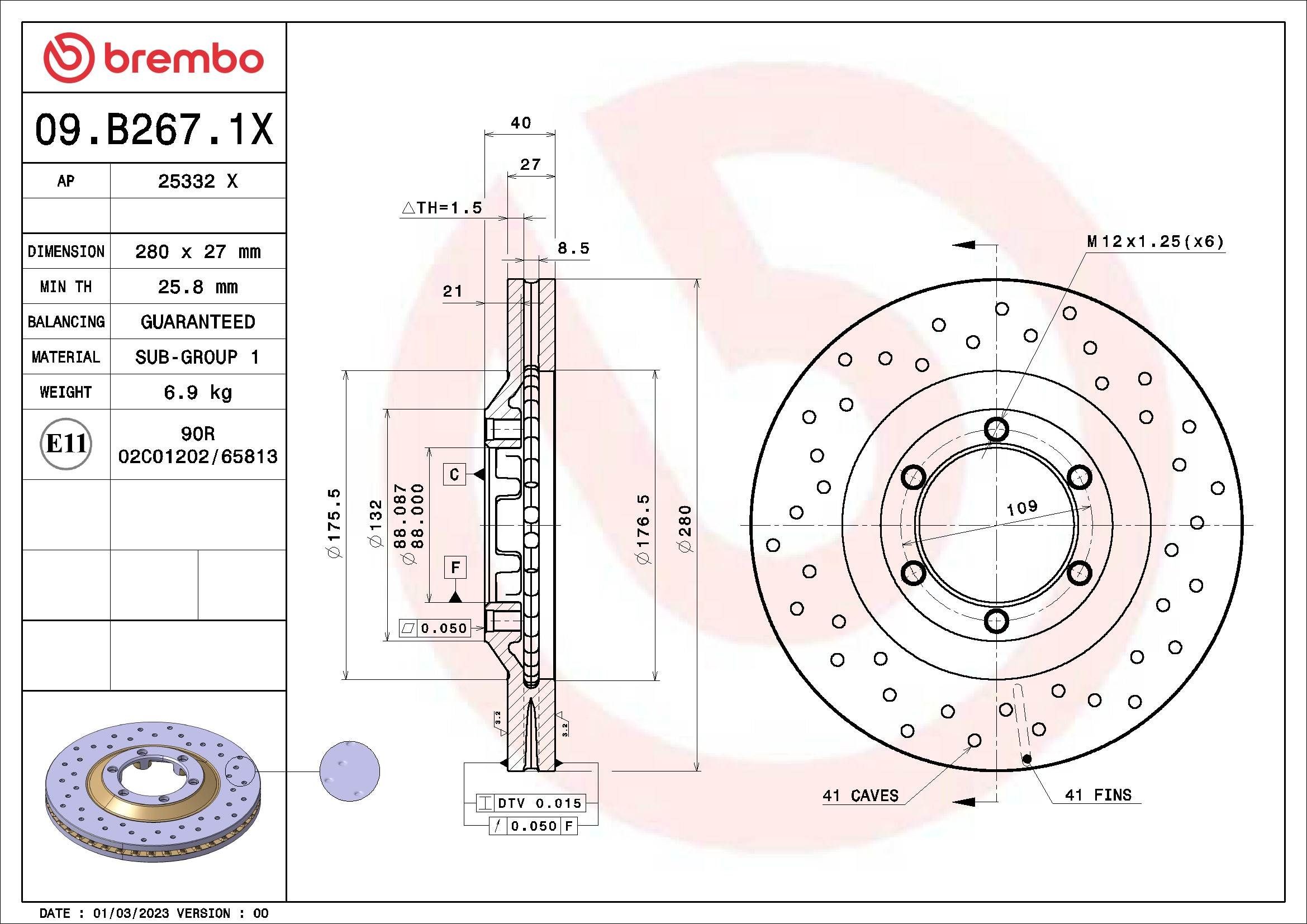 BREMBO 280x27mm, 6, perforated/vented Ø: 280mm, Num. of holes: 6, Brake Disc Thickness: 27mm Brake rotor 09.B267.1X buy