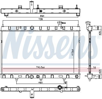 NISSENS 606312 Engine radiator Aluminium, 410 x 741 x 16 mm, with oil cooler, with gaskets/seals, without expansion tank, without frame, Brazed cooling fins
