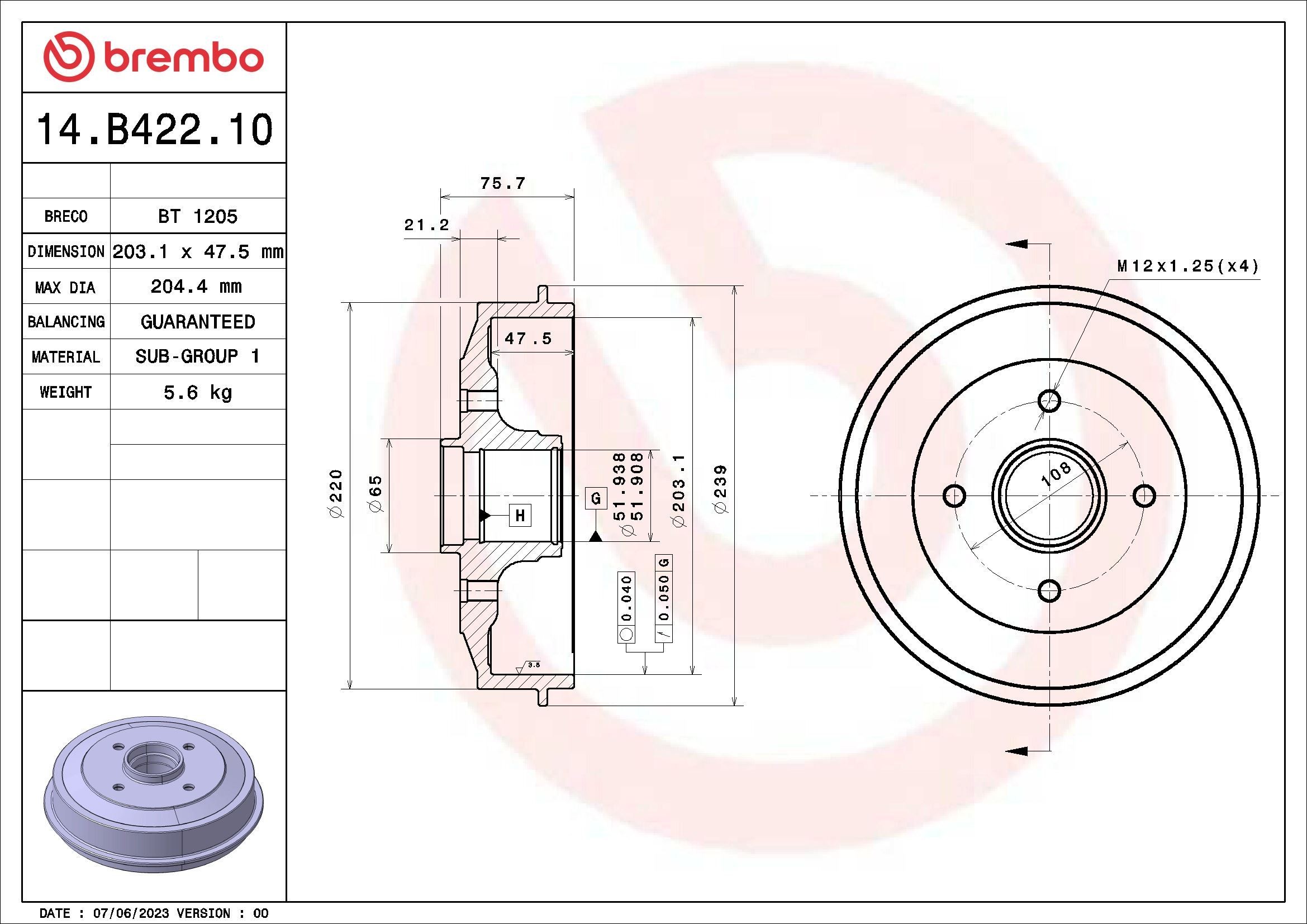 Peugeot 1007 Brake drum 20841359 BREMBO 14.B422.10 online buy