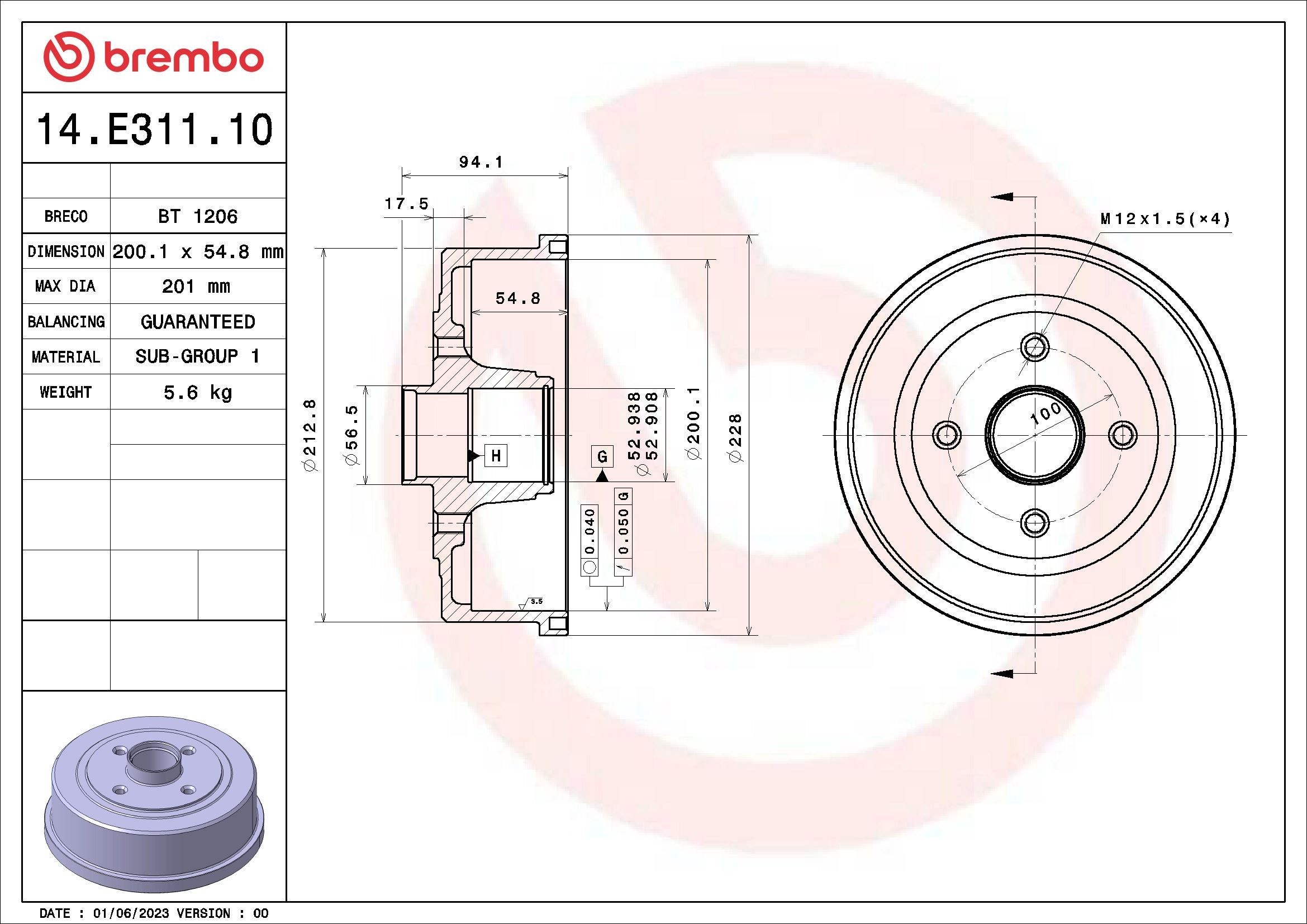 14.E311.10 BREMBO Brake drum OPEL with wheel bearing set, 200,1mm