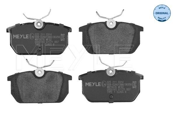 21103 MEYLE ORIGINAL Quality, Rear Axle, not prepared for wear indicator, with anti-squeak plate Height: 44,3mm, Width: 87,1mm, Thickness: 14,4mm Brake pads 025 211 0314 buy