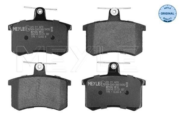 025 211 4416 MEYLE Brake pad set AUDI ORIGINAL Quality, Rear Axle, excl. wear warning contact, with anti-squeak plate