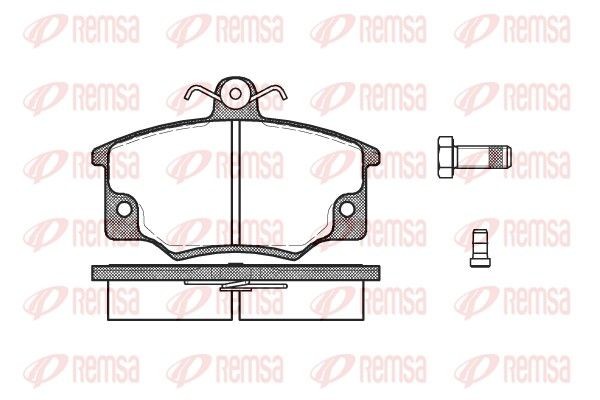 REMSA 0146.04 Brake pad set Front Axle, incl. wear warning contact, with adhesive film, with bolts/screws, with accessories, with spring