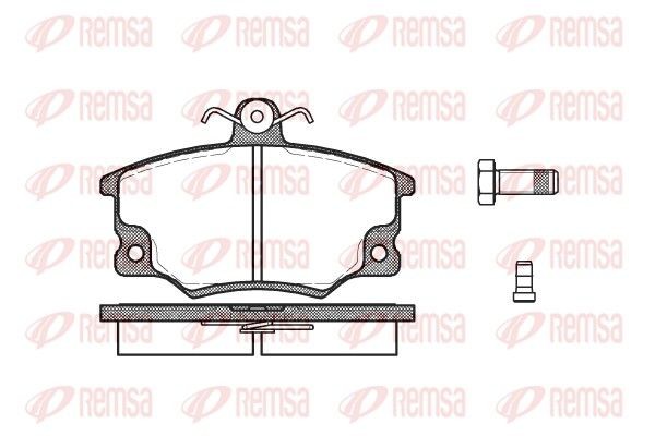 REMSA 0146.14 Brake pad set Front Axle, incl. wear warning contact, with adhesive film, with bolts/screws, with accessories, with spring