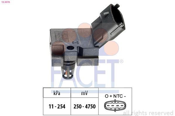 FACET 10.3078 Air Pressure Sensor, height adaptation Pressure from 11 kPa, Pressure to 254 kPa, Made in Italy - OE Equivalent