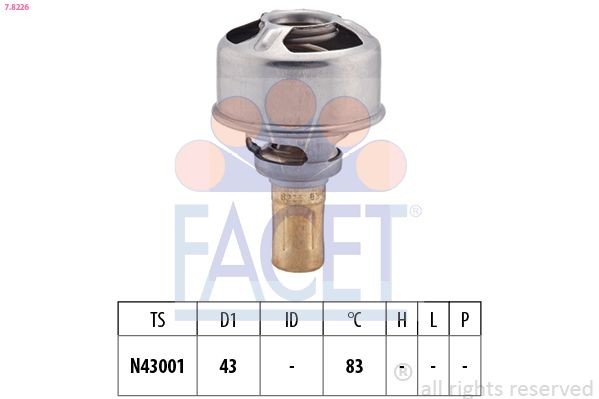 FACET 7.8226 Engine thermostat Opening Temperature: 83°C, 43mm, Made in Italy - OE Equivalent, without gasket/seal