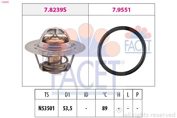 EPS 1.880.239 FACET Opening Temperature: 89°C, 53,5mm, Made in Italy - OE Equivalent, with seal D1: 53,5mm Thermostat, coolant 7.8239 buy