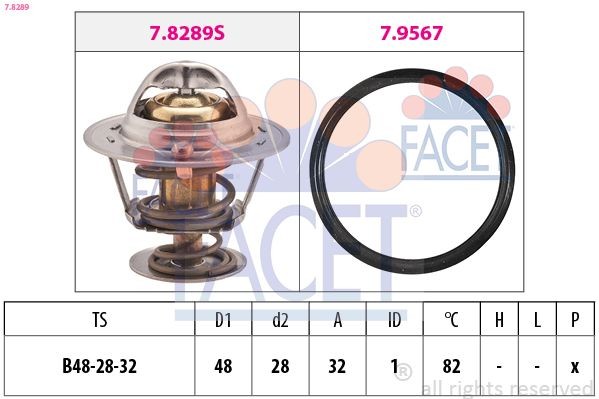 FACET 7.8289 Engine thermostat Opening Temperature: 82°C, 48mm, Made in Italy - OE Equivalent, with seal