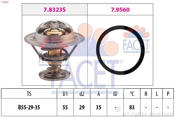 7.8323 FACET Coolant thermostat PEUGEOT Opening Temperature: 83°C, 55mm, Made in Italy - OE Equivalent, with seal