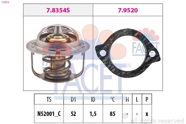 7.8354 FACET Coolant thermostat MAZDA Opening Temperature: 85°C, 52mm, Made in Italy - OE Equivalent, with seal