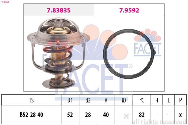 FACET 7.8383 Engine thermostat Opening Temperature: 82°C, 52mm, Made in Italy - OE Equivalent, with seal