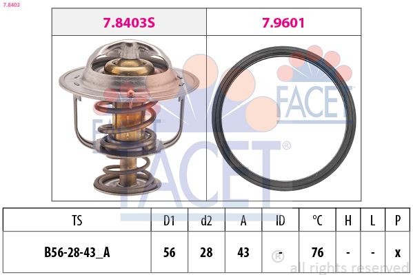 7.8403 FACET Coolant thermostat FIAT Opening Temperature: 76°C, 56mm, Made in Italy - OE Equivalent, with seal